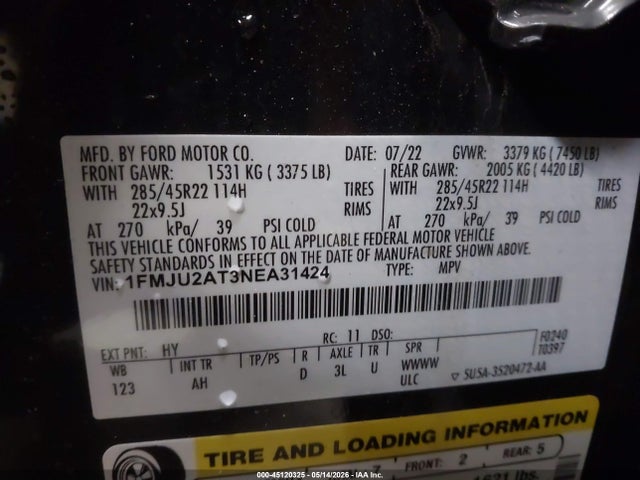 2022 Ford Expedition Limited მანქანა იყიდება აუქციონზე, vin: 1FMJU2AT3NEA31424, აუქციონის ნომერი: 45120325