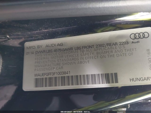 45120337 :رقم المزاد ، WAUEFGFF3F1003841 vin ، 2015 Audi A3 2.0t Premium مزاد بيع