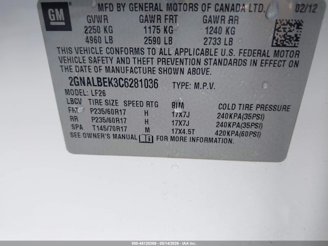 Продажа на аукционе авто 2012 Chevrolet Equinox Ls, vin: 2GNALBEK3C6281036, номер лота: 45120369