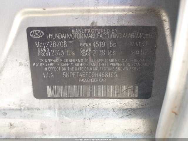 45120384 :رقم المزاد ، 5NPET46F09H468195 vin ، 2009 Hyundai Sonata Gls V6 مزاد بيع