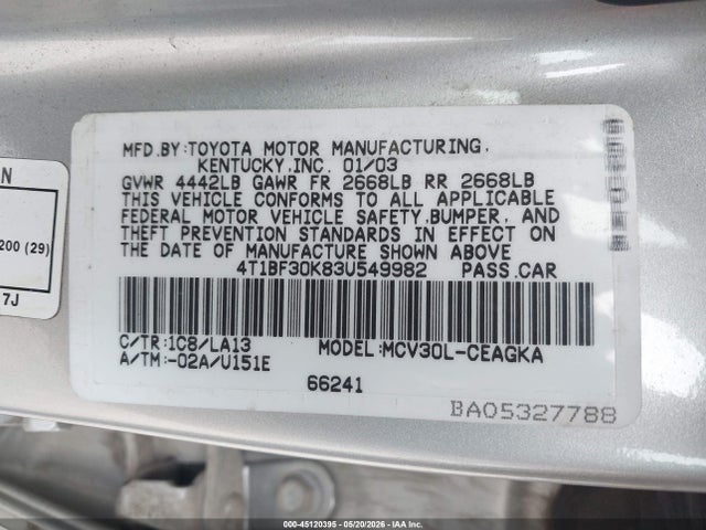 Aukcja sprzedaży 2003 Toyota Camry Xle V6, vin: 4T1BF30K83U549982, numer aukcji: 45120395