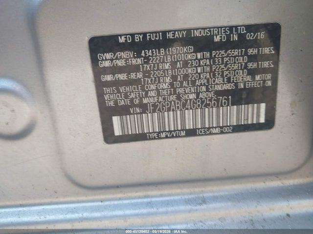 Auction sale of the 2016 Subaru Crosstrek 2.0i Premium, vin: JF2GPABC4G8256761, lot number: 45120402