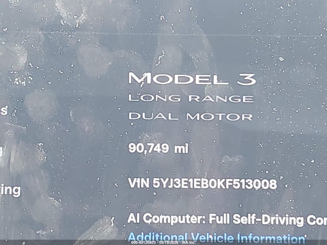 2019 Tesla Model 3 Long Range/performance მანქანა იყიდება აუქციონზე, vin: 5YJ3E1EB0KF513008, აუქციონის ნომერი: 45120403