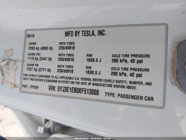 2019 Tesla Model 3 Long Range/performance მანქანა იყიდება აუქციონზე, vin: 5YJ3E1EB0KF513008, აუქციონის ნომერი: 45120403