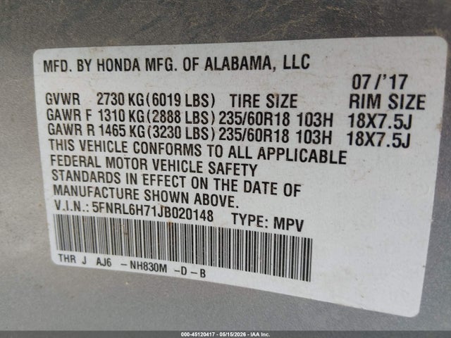5FNRL6H71JB020148 Honda Odyssey Ex-l