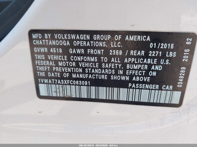 Aukcja sprzedaży 2015 Volkswagen Passat 1.8t Wolfsburg Edition, vin: 1VWAT7A3XFC063091, numer aukcji: 45120418