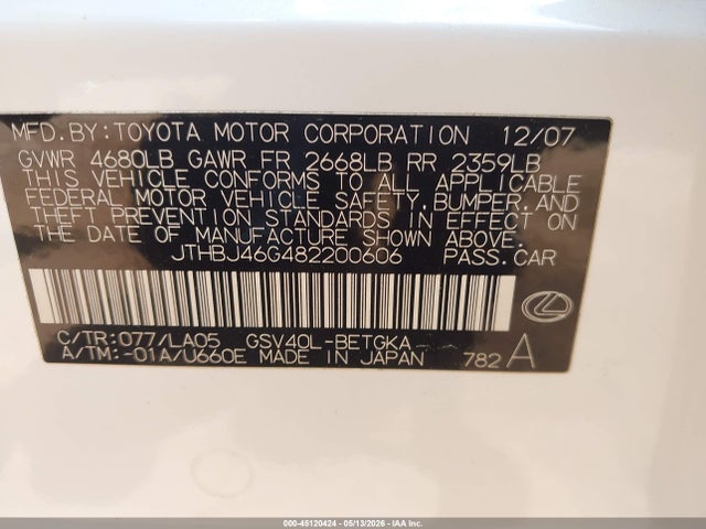 45120424 :رقم المزاد ، JTHBJ46G482200606 vin ، 2008 Lexus Es 350 مزاد بيع