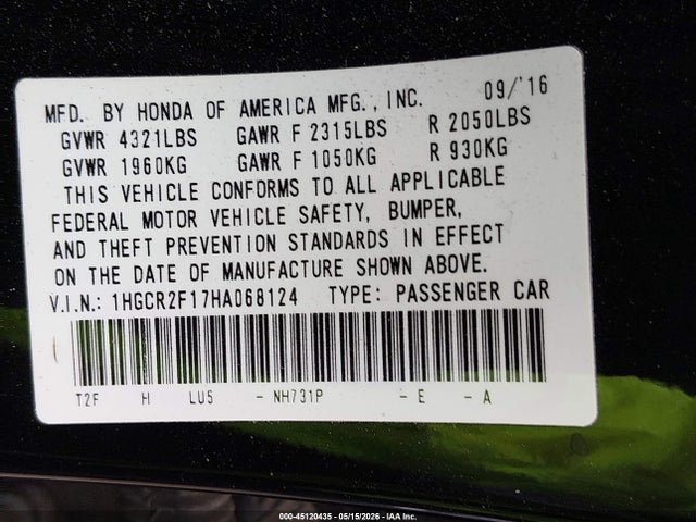 1HGCR2F17HA068124 Honda Accord Sport Se