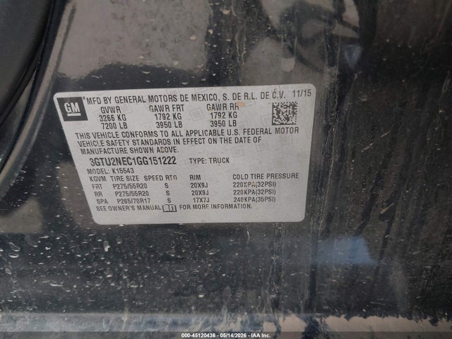 45120436 :رقم المزاد ، 3GTU2NEC1GG151222 vin ، 2016 Gmc Sierra 1500 Slt مزاد بيع