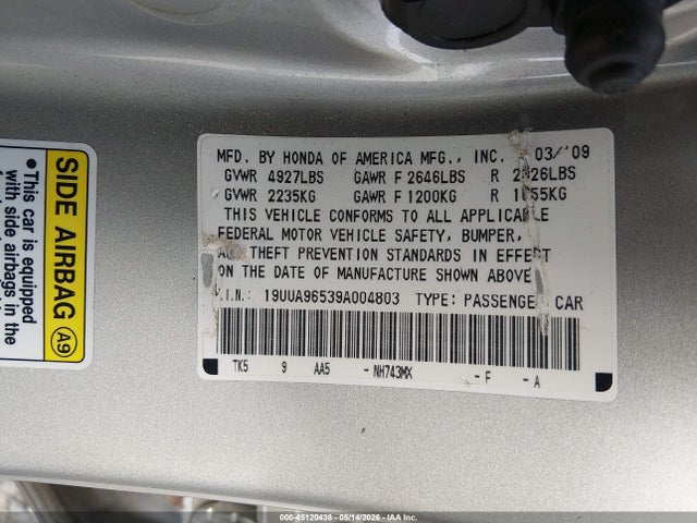 Auction sale of the 2009 Acura Tl 3.7, vin: 19UUA96539A004803, lot number: 45120438