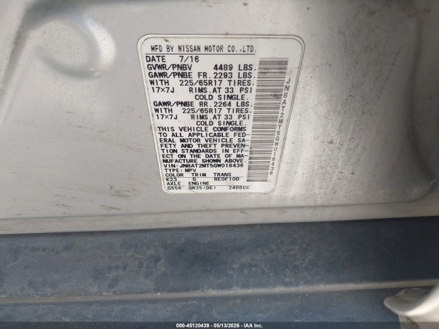 45120439 :رقم المزاد ، JN8AT2MT5GW018436 vin ، 2016 Nissan Rogue S مزاد بيع