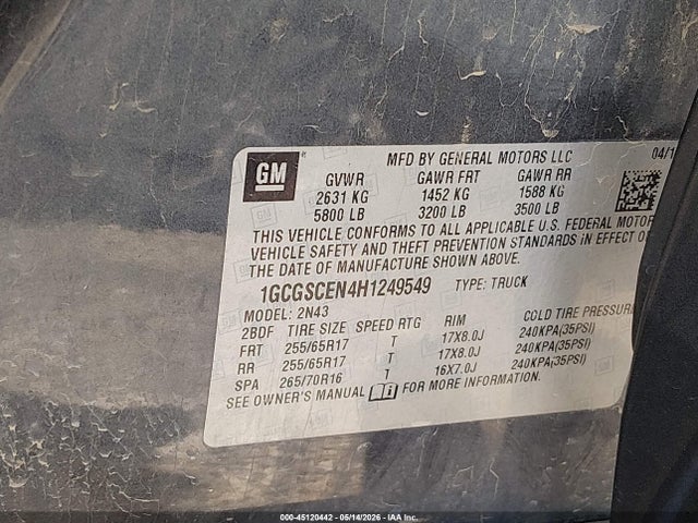 45120442 :رقم المزاد ، 1GCGSCEN4H1249549 vin ، 2017 Chevrolet Colorado Lt مزاد بيع