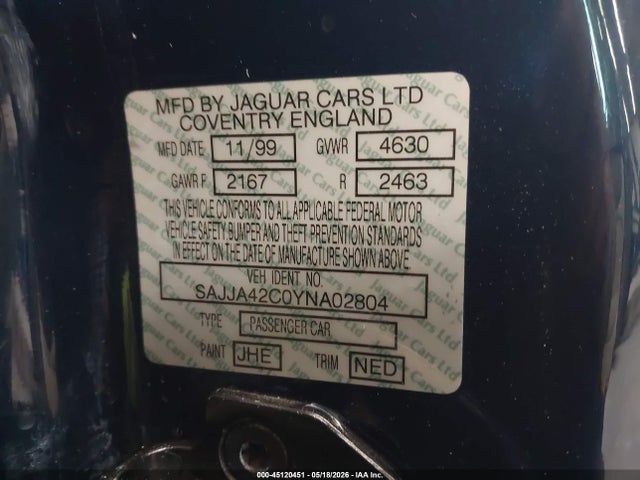 2000 Jaguar Xk8 მანქანა იყიდება აუქციონზე, vin: SAJJA42C0YNA02804, აუქციონის ნომერი: 45120451