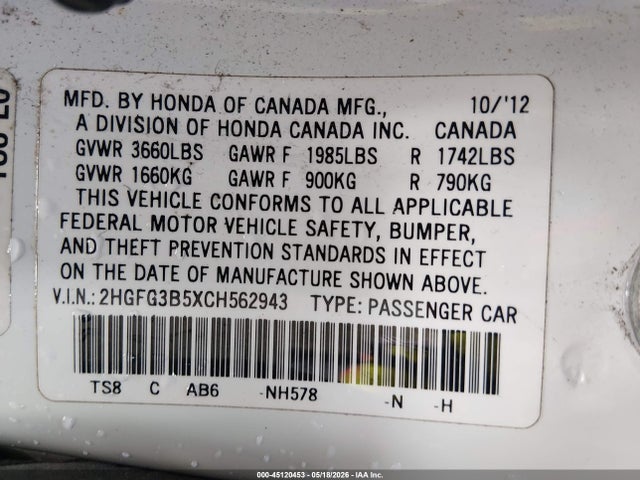 2012 Honda Civic Lx მანქანა იყიდება აუქციონზე, vin: 2HGFG3B5XCH562943, აუქციონის ნომერი: 45120453