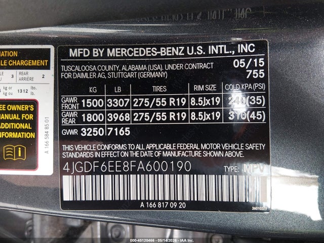 45120466 :رقم المزاد ، 4JGDF6EE8FA600190 vin ، 2015 Mercedes-benz Gl 450 4matic مزاد بيع