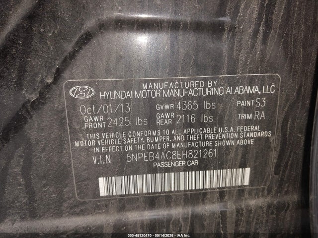 45120470 :رقم المزاد ، 5NPEB4AC8EH821261 vin ، 2014 Hyundai Sonata Gls مزاد بيع