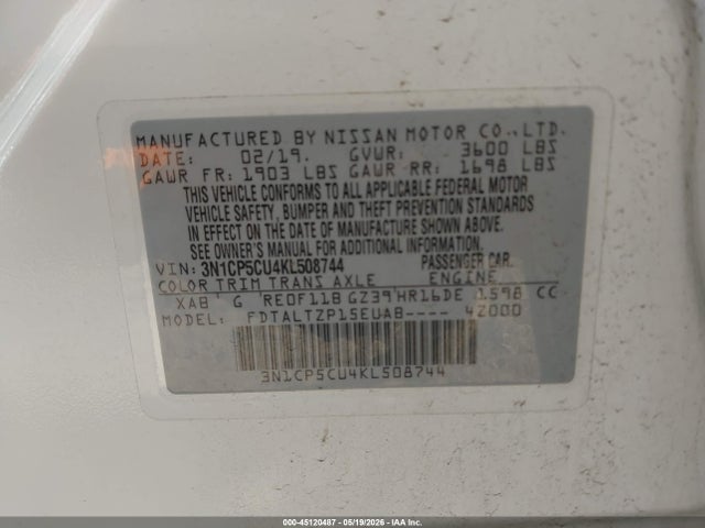 45120487 :رقم المزاد ، 3N1CP5CU4KL508744 vin ، 2019 Nissan Kicks Sr مزاد بيع