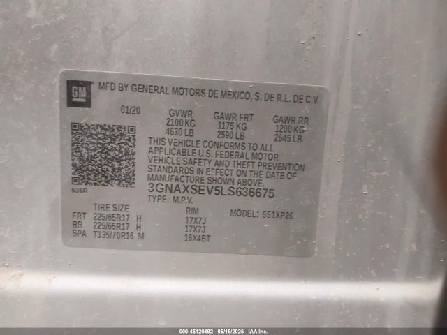 Aukcja sprzedaży 2020 Chevrolet Equinox Awd Ls, vin: 3GNAXSEV5LS636675, numer aukcji: 45120492