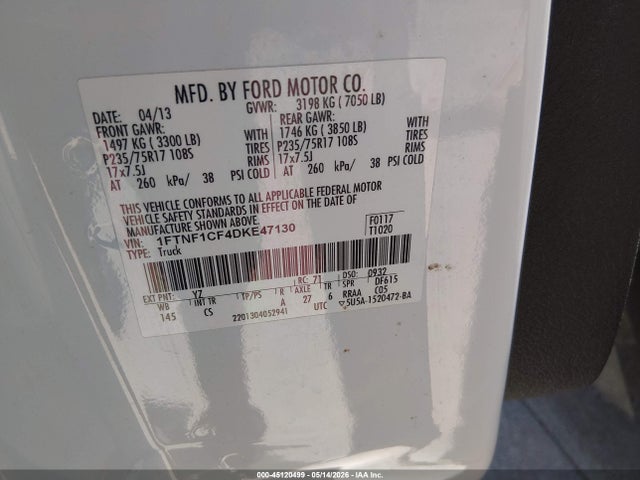 Auction sale of the 2013 Ford F-150 Xl, vin: 1FTNF1CF4DKE47130, lot number: 45120499