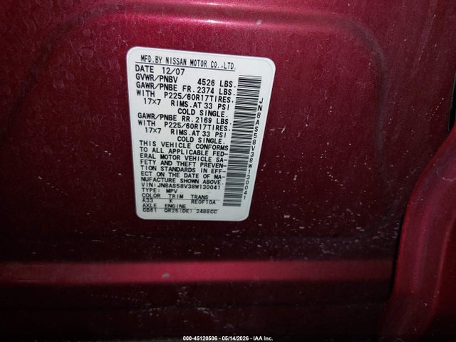 45120506 :رقم المزاد ، JN8AS58V38W130041 vin ، 2008 Nissan Rogue Sl مزاد بيع