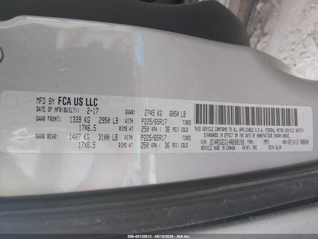 2017 Dodge Grand Caravan Gt მანქანა იყიდება აუქციონზე, vin: 2C4RDGEG1HR698193, აუქციონის ნომერი: 45120512
