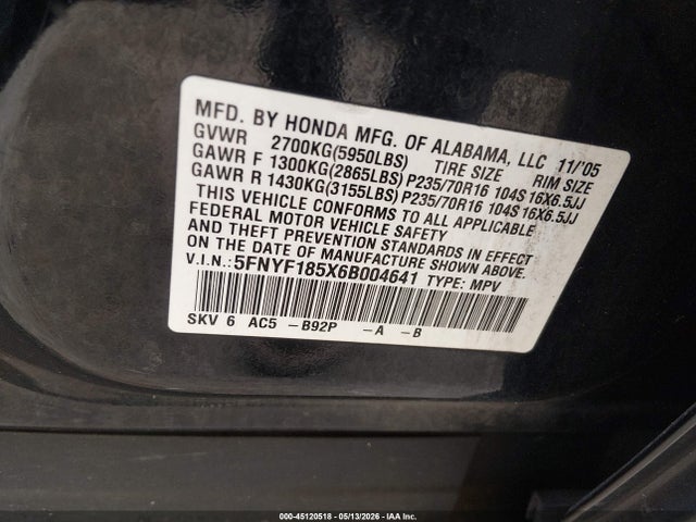 45120518 :رقم المزاد ، 5FNYF185X6B004641 vin ، 2006 Honda Pilot Ex-l مزاد بيع