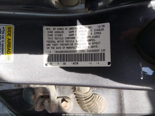 45120540 :رقم المزاد ، 19UUA86299A020097 vin ، 2009 Acura Tl 3.5 مزاد بيع