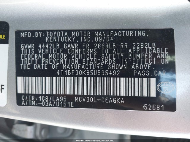 Aukcja sprzedaży 2005 Toyota Camry Xle V6, vin: 4T1BF30K85U595492, numer aukcji: 45120544