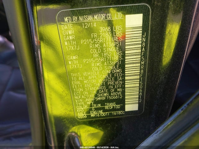 45120546 :رقم المزاد ، JN8AF5MR8FT506812 vin ، 2015 Nissan Juke Sl مزاد بيع