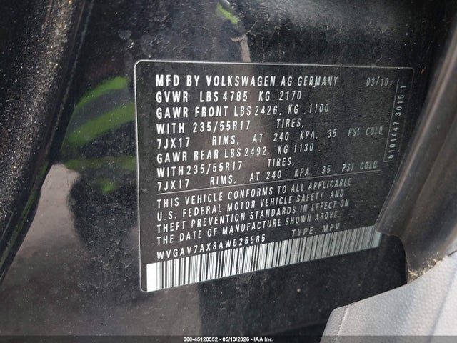 2010 Volkswagen Tiguan Wolfsburg Edition მანქანა იყიდება აუქციონზე, vin: WVGAV7AX8AW525585, აუქციონის ნომერი: 45120552
