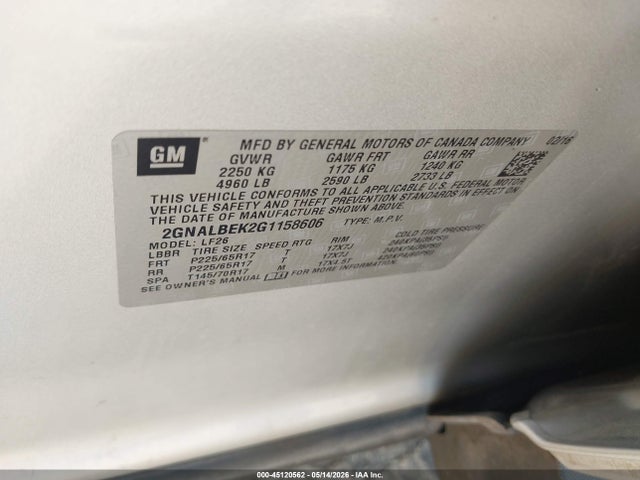 45120562 :رقم المزاد ، 2GNALBEK2G1158606 vin ، 2016 Chevrolet Equinox Ls مزاد بيع