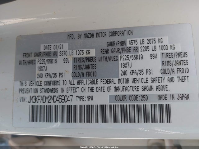 Auction sale of the 2021 Mazda Cx-5 Grand Touring, vin: JM3KFADM2M0469047, lot number: 45120567