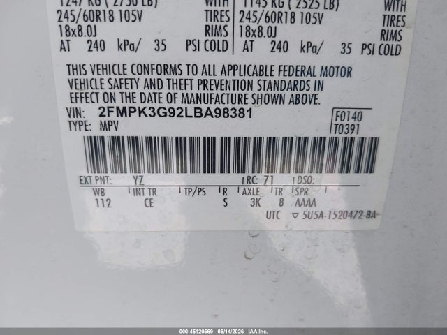 Ford EDGE SE 2020 2FMPK3G92LBA98381 Image 9