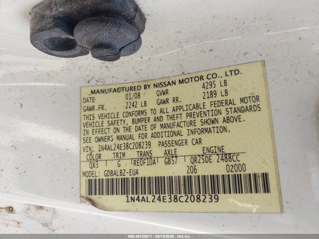 Aukcja sprzedaży 2008 Nissan Altima 2.5 S, vin: 1N4AL24E38C208239, numer aukcji: 45120571