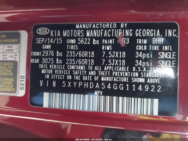 45120585 :رقم المزاد ، 5XYPHDA54GG114922 vin ، 2016 Kia Sorento 3.3l Ex مزاد بيع