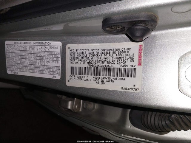 2002 Toyota Camry Le მანქანა იყიდება აუქციონზე, vin: JTDBE32K220135221, აუქციონის ნომერი: 45120588