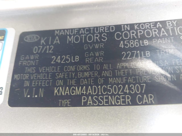 Aukcja sprzedaży 2012 Kia Optima Hybrid Ex, vin: KNAGM4AD1C5024307, numer aukcji: 45120593