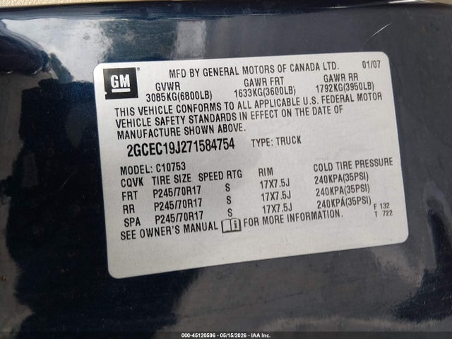 Aukcja sprzedaży 2007 Chevrolet Silverado 1500 Lt1, vin: 2GCEC19J271584754, numer aukcji: 45120596