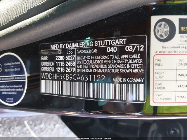 45120606 :رقم المزاد ، WDDHF5KB9CA631122 vin ، 2012 Mercedes-benz E 350 مزاد بيع