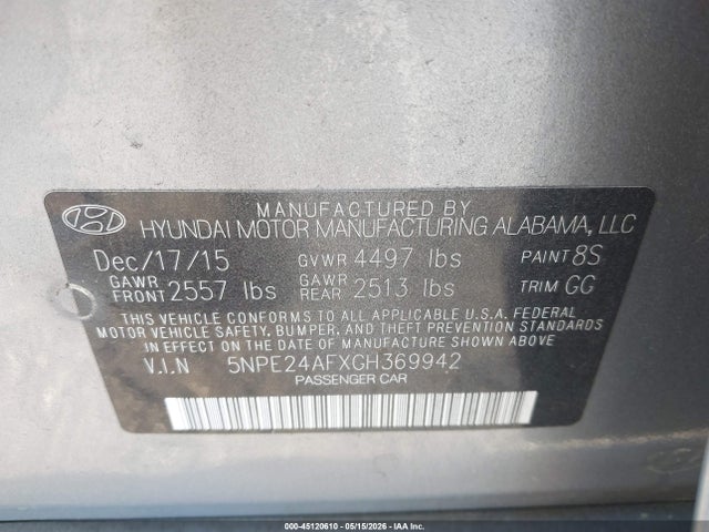 Продаж на аукціоні авто 2016 Hyundai Sonata Se, vin: 5NPE24AFXGH369942, номер лоту: 45120610