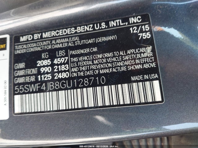 45120616 :رقم المزاد ، 55SWF4JB8GU128710 vin ، 2016 Mercedes-benz C 300 مزاد بيع