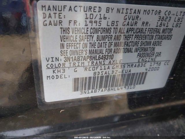 2017 Nissan Sentra Sv მანქანა იყიდება აუქციონზე, vin: 3N1AB7AP8HL649310, აუქციონის ნომერი: 45120619
