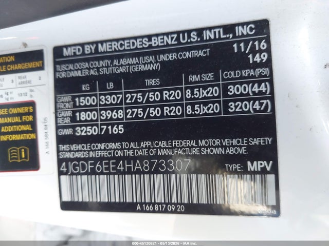 Aukcja sprzedaży 2017 Mercedes-benz Gls 450 4matic, vin: 4JGDF6EE4HA873307, numer aukcji: 45120621