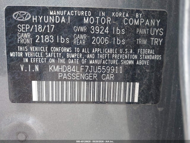 Продаж на аукціоні авто 2018 Hyundai Elantra Sel, vin: KMHD84LF7JU559911, номер лоту: 45120628