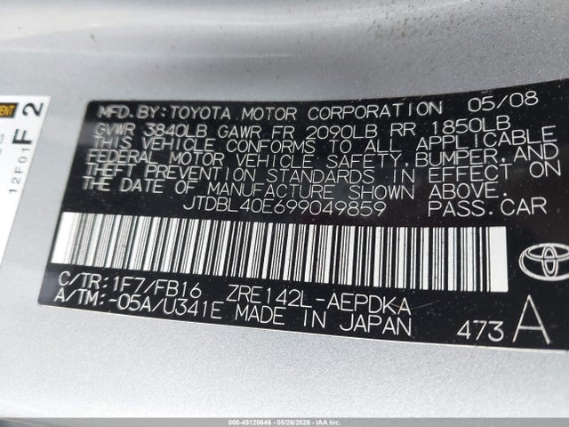 Продаж на аукціоні авто 2009 Toyota Corolla Le, vin: JTDBL40E699049859, номер лоту: 45120646
