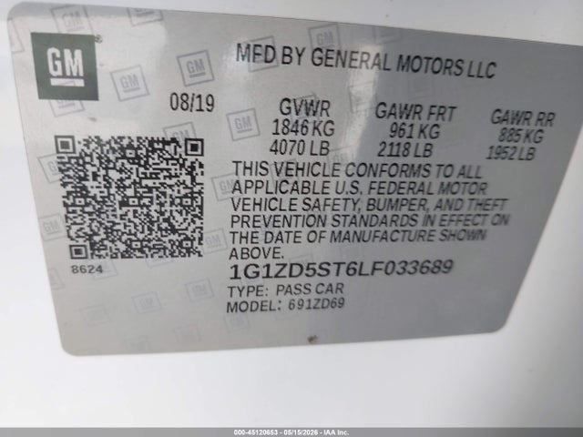 Продаж на аукціоні авто 2020 Chevrolet Malibu Fwd Lt, vin: 1G1ZD5ST6LF033689, номер лоту: 45120653