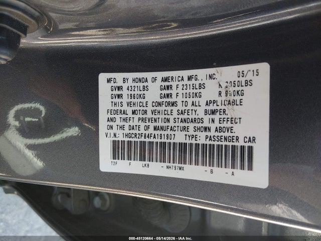 2015 Honda Accord Ex-l მანქანა იყიდება აუქციონზე, vin: 1HGCR2F84FA191907, აუქციონის ნომერი: 45120664