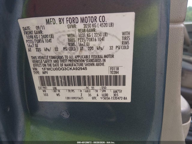 Продажа на аукционе авто 2012 Ford Escape Xlt, vin: 1FMCU0DG3CKA92945, номер лота: 45120672