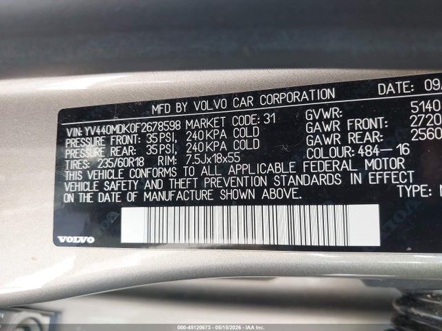 2015 Volvo Xc60 T5 Premier მანქანა იყიდება აუქციონზე, vin: YV440MDK0F2678598, აუქციონის ნომერი: 45120673