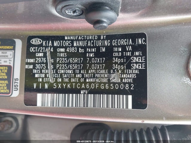Продажа на аукционе авто 2015 Kia Sorento Lx, vin: 5XYKTCA60FG650082, номер лота: 45120675